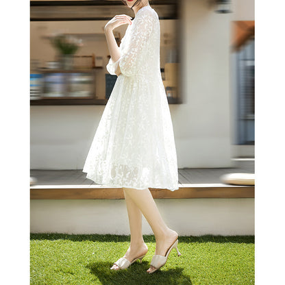 2025 Mulberry silk fairy dress silk embroidered mesh white medium and long dress  four-season green women's clothing spring and summer