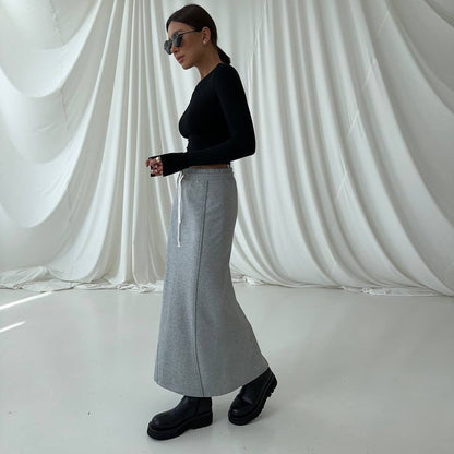 maoxiangshop  -  2024 Spring Autumn New Fashion High Waist Cotton Long Skirt Elastic Waist Solid Color Casual Basic Drawstring Straight Skirt
