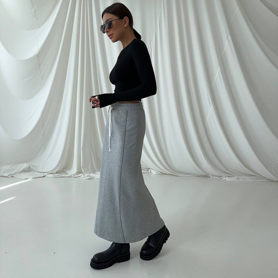 maoxiangshop  -  2024 Spring Autumn New Fashion High Waist Cotton Long Skirt Elastic Waist Solid Color Casual Basic Drawstring Straight Skirt