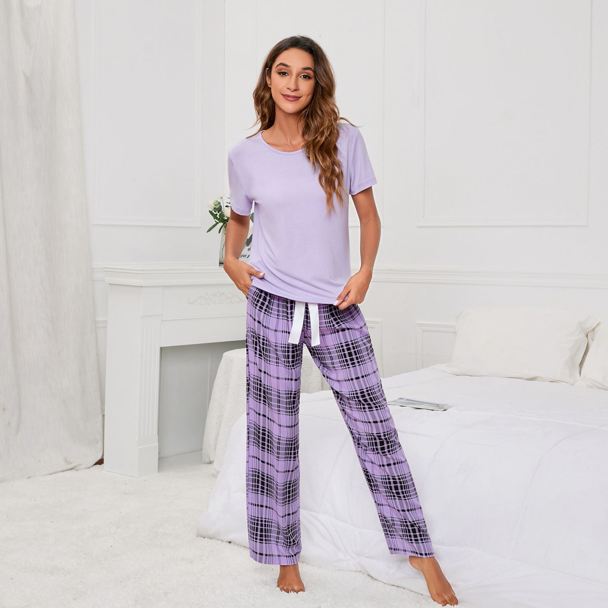 MAOXIANGSHOP 2025Real new products, 2025 New independent stations, solid color round neck T plaid printing women's casual set, loungewear pajamas, women