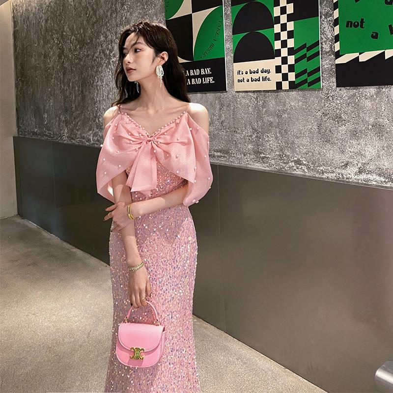 Pink evening dress 2025 new style light luxury niche New fishtail skirt female host graduation adult ceremony