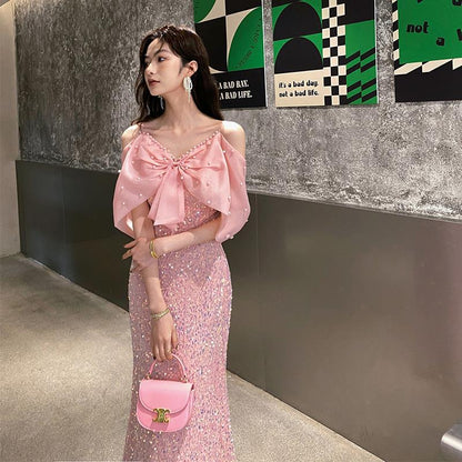Pink evening dress 2025 new style light luxury niche New fishtail skirt female host graduation adult ceremony