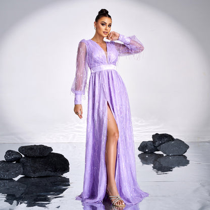 2025 high-end long-sleeved temperament V-neck sexy sequined banquet big swing evening dress bridesmaid dress dress women
