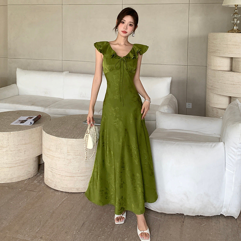 masquerade dress to impress High Quality Summer New Elegant Lady V-neck Sleeveless Lace-up Ruffled Collar Dress Women's Waist Slimming A- line Skirt