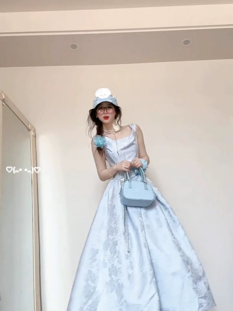 [Bokeman Tour]  Summer New  Retro Waist Skinny Neck Jacquard Suspender Dress