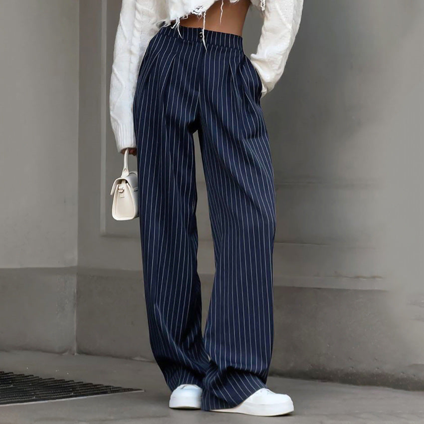 maoxiangshop 2000s fashion Navy Blue Striped Wide-Leg Pants for Women 2024 Autumn and Winter New Casual Suit Pants Draping Trousers for Women