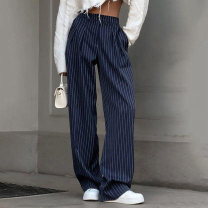 maoxiangshop 2000s fashion Navy Blue Striped Wide-Leg Pants for Women 2024 Autumn and Winter New Casual Suit Pants Draping Trousers for Women