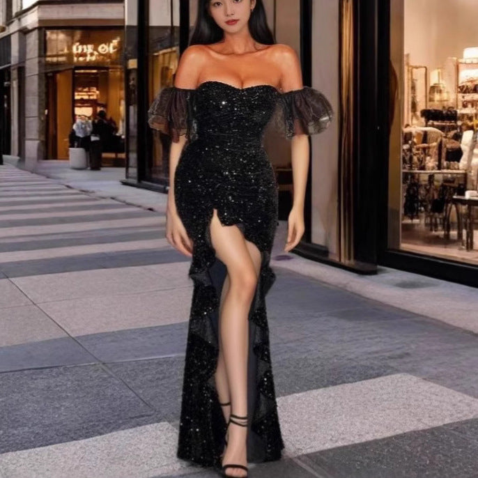 MAOXIANGSHOP 2025 spring 2025 new New Popular trade women's clothing independent station ebay sexy bright silk short-sleeved banquet dress