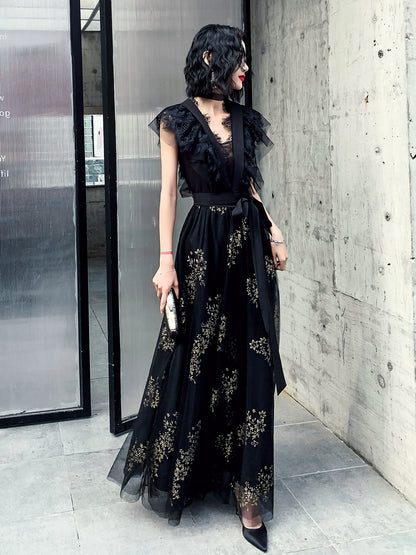 Black evening dress skirt women's high-end banquet temperament can usually be worn host noble, simple and generous long light luxury