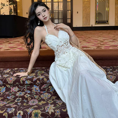 White lace hollowed-out neck sling dress, summer seaside vacation style, unique and beautiful waist A-word long dress