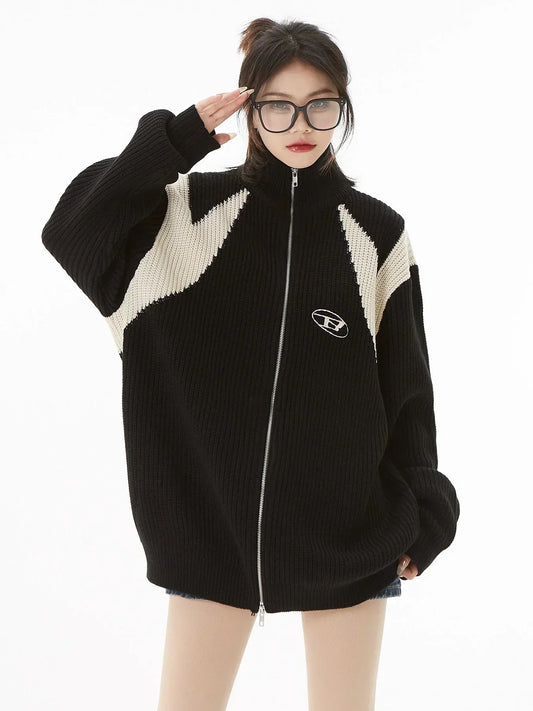 Oversized Zip Up Knitted Cardigan Women Streetwear Embroidery Sweater Mujer Casual American Retro HipHop Patchwork Tops