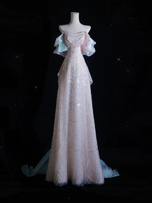 Pink Beige Shiny Evening Dress Off The Shoulder Sequined Beading A Line Strapless Bridal Toast Luxury Long Robe Prom Gown New