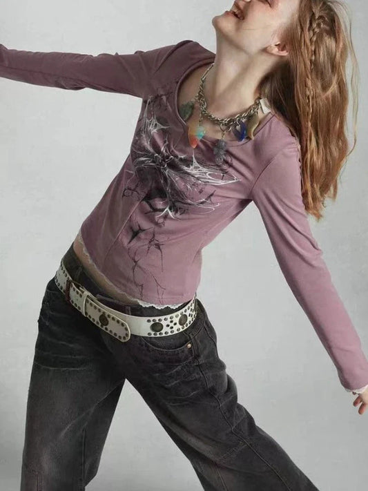 Punk Vintage Streetwear T-shirts Women American Retro Harajuku Design Y2k Graphic Long Sleeve Slim Tees Tops 2000s Chic