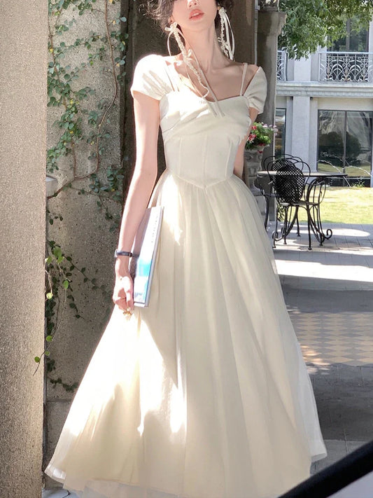 Pure Color French Elegant Dress Office Lady Summer Short Sleeve Fairy Midi Dress Casual Fashion Evening Party Dress Woman