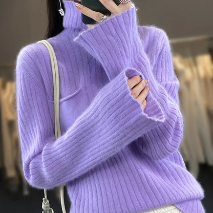 maoxiangshop Pure Mink Cashmere Sweater Women,High Pile Neck Knit Jumper,Wide Strip Large Size Long Sleeves,Autumn,Hot Sale