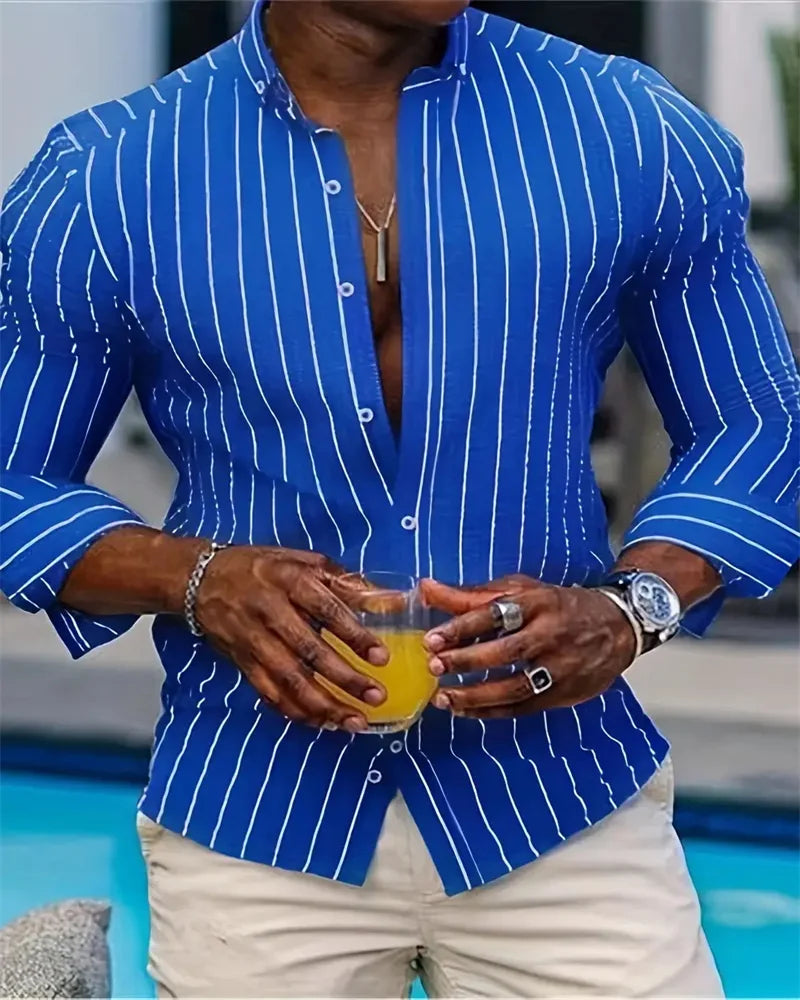 maoxiangshop Men's Fashion Loose Striped Pattern Shirt, Casual Breathable Lapel Button Long Sleeve Shirt Top Comfortable Soft Fabric 6XL
