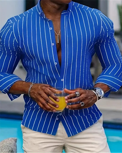 maoxiangshop Men's Fashion Loose Striped Pattern Shirt, Casual Breathable Lapel Button Long Sleeve Shirt Top Comfortable Soft Fabric 6XL
