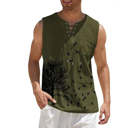 maoxiangshop Plus Size 4xl 5xl Mens Boho Tree Birds Print Shirts Summer Bandage Tops Men Sleeveless Blouse Male Pullovers Casual Shirt