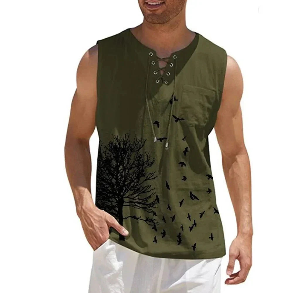 maoxiangshop Plus Size 4xl 5xl Mens Boho Tree Birds Print Shirts Summer Bandage Tops Men Sleeveless Blouse Male Pullovers Casual Shirt
