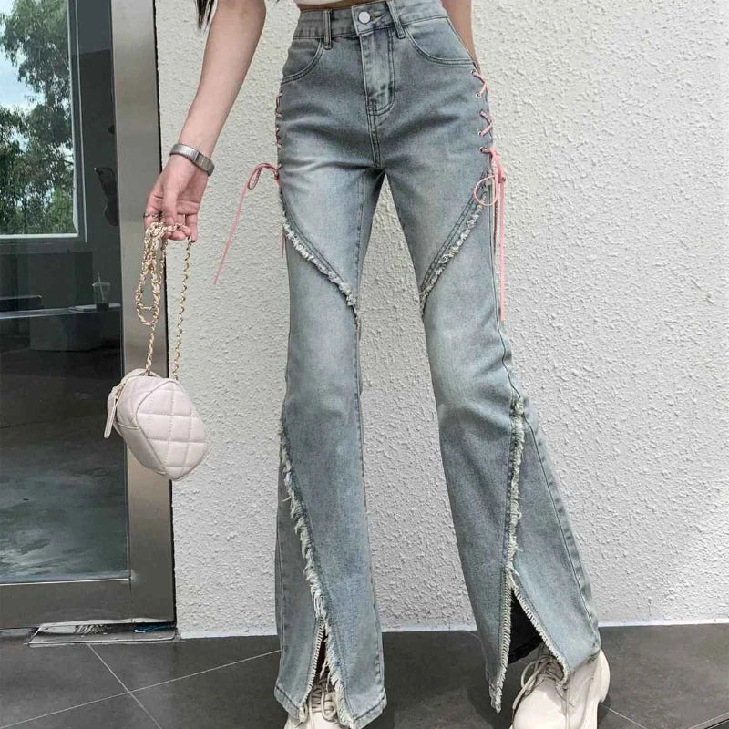 maoxiangshop American Split Jeans Women Pink Bandage High Waist Irregular Spliced Denim Pants Zipper Fly Trousers Y2k Pantalon Femme