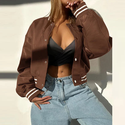 maoxiangshop  -  Y2K Motorcycle Girls PU Leather Outerwear 2024 Women Striped Baseball Single Breasted Jackets Fall Winter Long Sleeve Coats