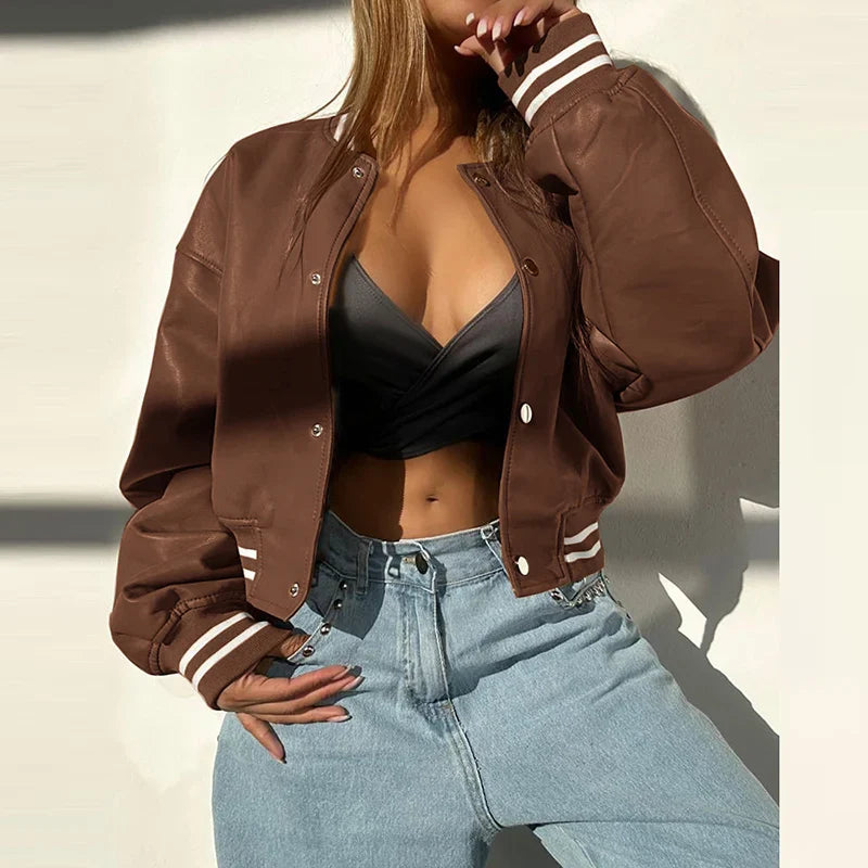 maoxiangshop  -  Y2K Motorcycle Girls PU Leather Outerwear 2024 Women Striped Baseball Single Breasted Jackets Fall Winter Long Sleeve Coats