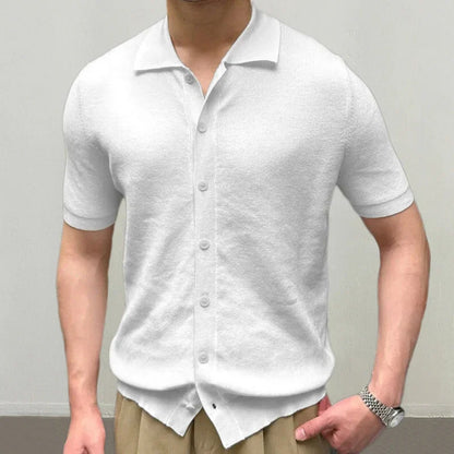 maoxiangshop Leisure Knitting Mens Shirt Short Sleeve Button Turn-down Collar Houndstooth Knit Tops Beach Men Summer Casual Solid Color Tops