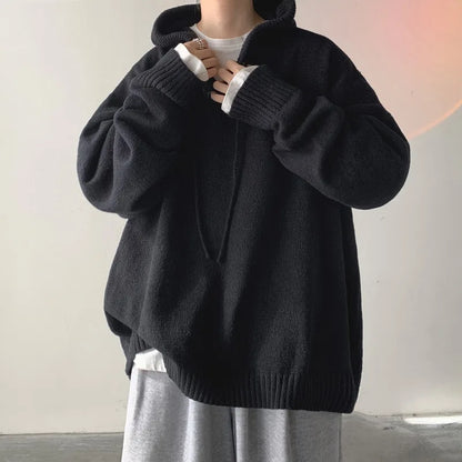 maoxiangshop Men Pullover Hoodie Korean Style Classic Solid Color Casual Hoodies Oversized Loose Hooded Knitwear Mens Knitted Pullovers