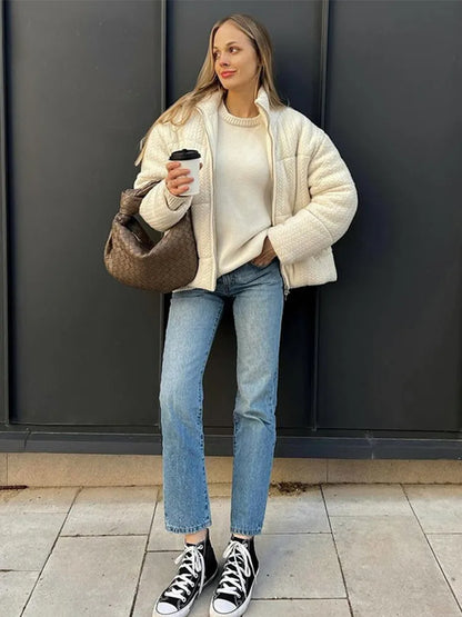 maoxiangshop  -  Knitting Cotton Print Down Short Jackets Women Thickening Solid Zipper Stand Collar Jacket Female Winter Chic Windproof Outwear