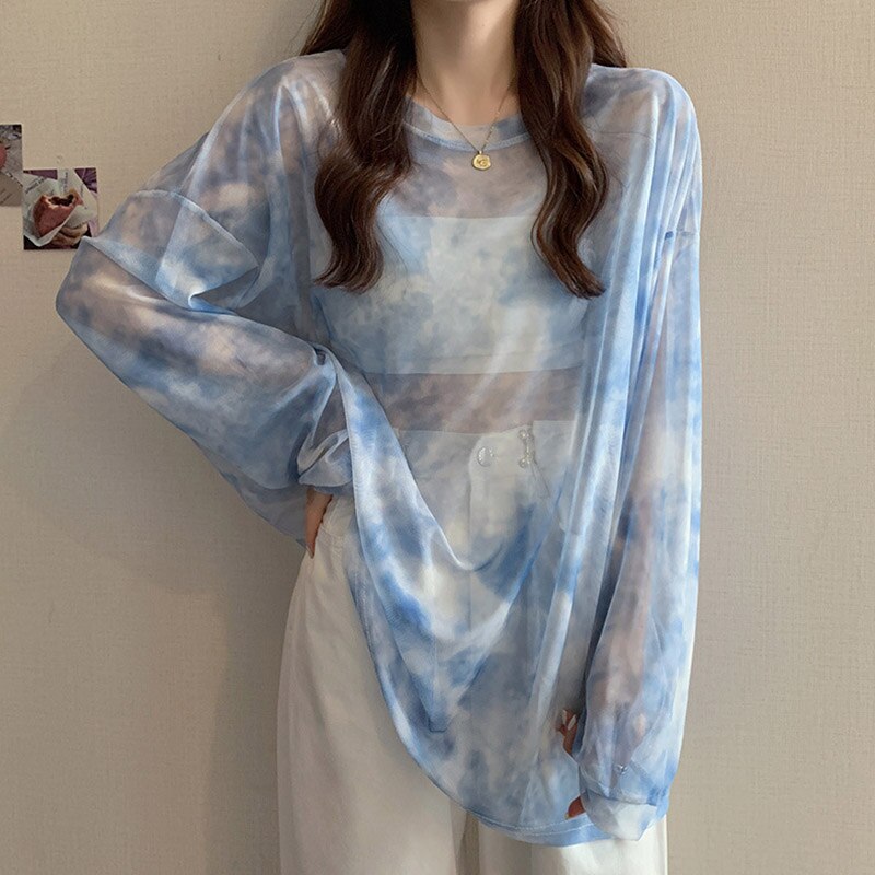 maoxiangshop Tie Dye Long Sleeve T-shirts Women Breathable Summer O-neck Design Mesh Sun-proof Loose Tshirts Korean Style All-match Tops Chic