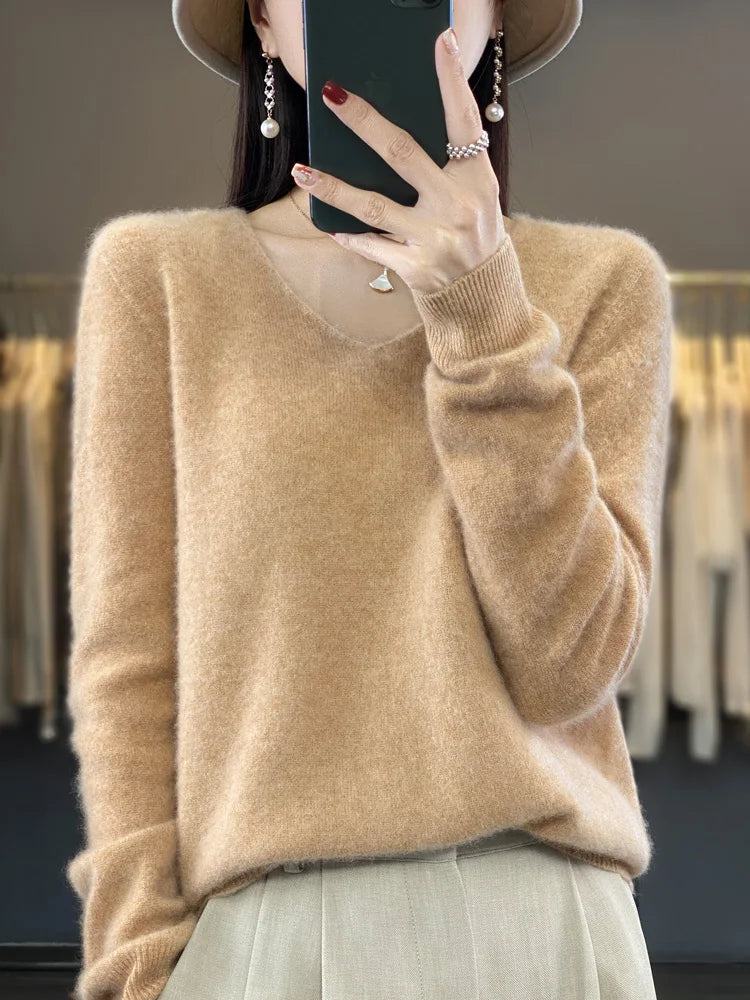 maoxiangshop Pure Wool V-Neck Sweater Women's Short Autumn And Winter All Loose And Thin Pullover Sweater Base Shirt Solid Color Authentic