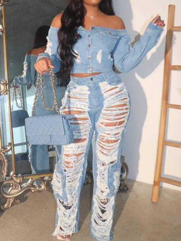 maoxiangshop Sexy Womens Outfit High Waist Pocket Design Ripped Jeans Pants Autumn Summer Spring New Fashion Casual