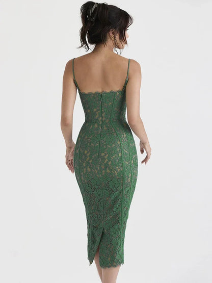 Midi Lace Green Dress Elegant Sexy Night Wedding Guest Evening Party Dresses Spaghetti Strap Birthday Dresses for Women