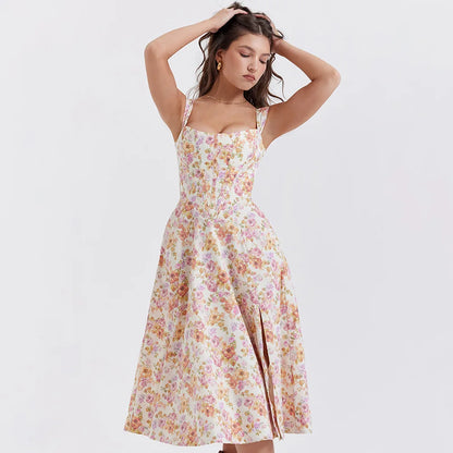 Summer Pink Floral Print Corset Dress Midi Elegant Sexy Party Dresses Holiday Birthday Casual A Line Women Clothing