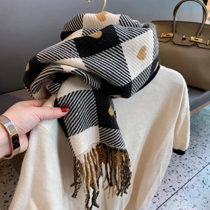 maoxiangshop Luxury Brand Women Knitted Heart-pattern Plaid Scarf Lovey Girl Winter Warm Scarves College Leisure Shawl Wraps