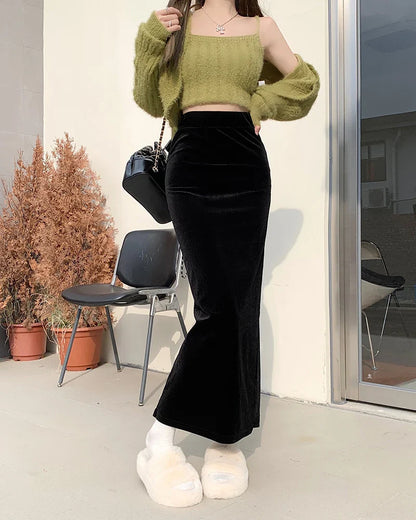 maoxiangshop Fish Tail Velvet Skirt Women Mermaid Trumpet Long Skirts Ankle Length Empire High Waist Skinny Bodycon Skirt Female