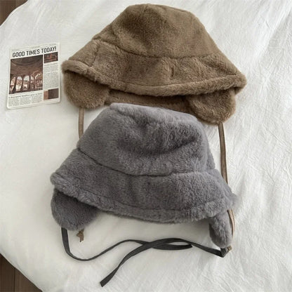 maoxiangshop Korean New Ear Protection Bucket Hats for Women Autumn and Winter Travel Versatile Warm Retro Solid Color Plush Men's Caps