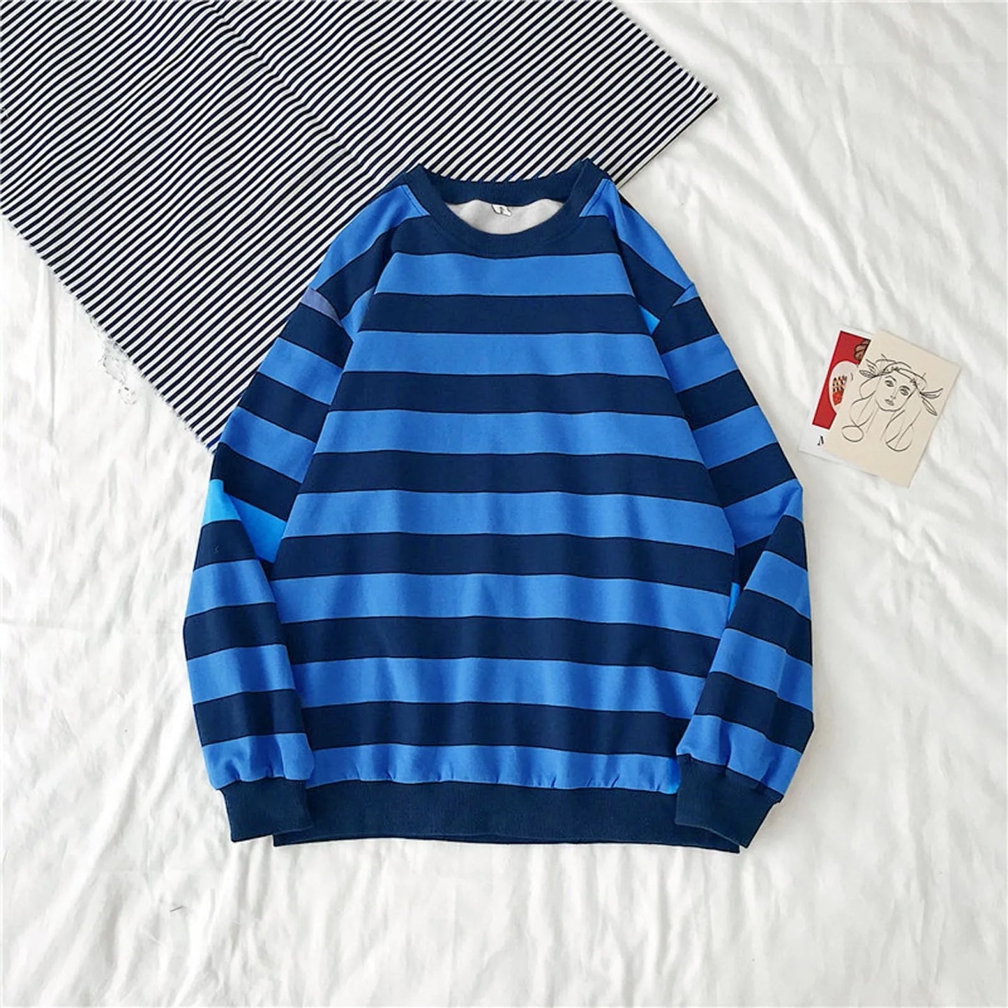 maoxiangshop Pullover Tops Long Sleeved Loose Casual Hoodies Sudadera Mujer Autumn Winter Women's Hoodies Round Neck Stripe Sweatshirt