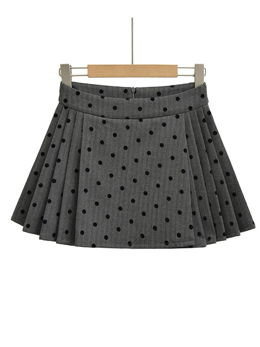 maoxiangshop  -  2024 Women Fashion Sweet Polka Dot Chic Pleated Mini Skirt Preppy Style Mid Waist Short Skirts Cute Split Skorts