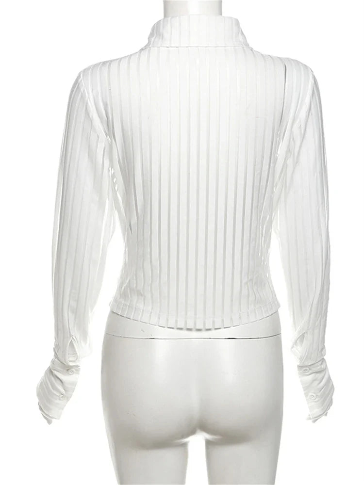 maoxiangshop  -  Autumn Hipster White Stripe See Through Sexy Shirts For Women 2024 Long Sleeve Polo-Neck Double Zip Elegant Chic Blouses