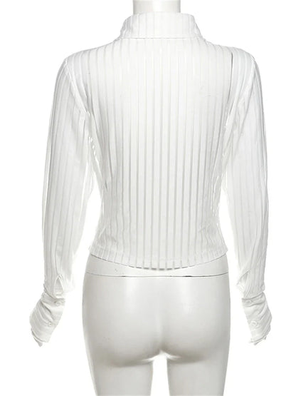 maoxiangshop  -  Autumn Hipster White Stripe See Through Sexy Shirts For Women 2024 Long Sleeve Polo-Neck Double Zip Elegant Chic Blouses