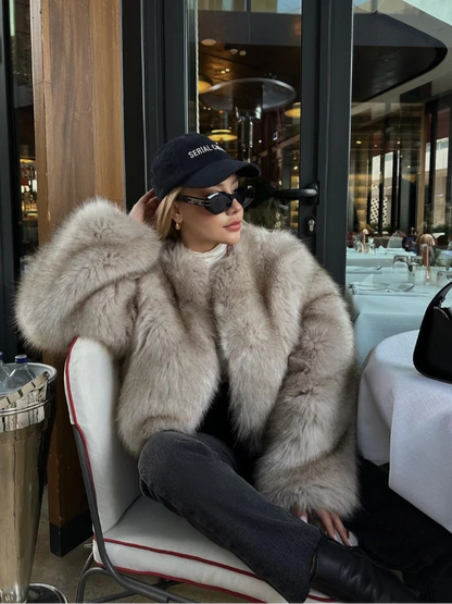 maoxiangshop  -  Short Faux Fur Coats Women Plush Autumn Winter O-neck Open Stitch Loose Women's Coat Long Sleeve Casual Jacket Female Streetwear