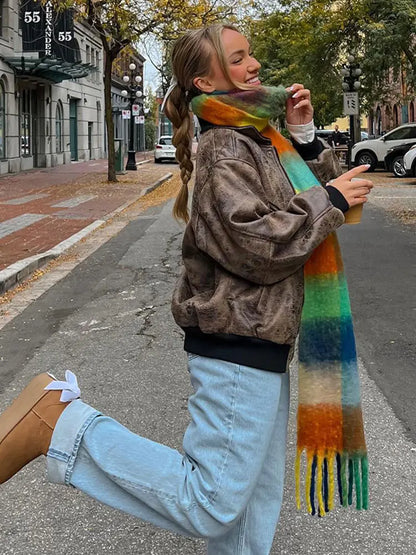 maoxiangshop -  Women Worn Effect PU Leather Biker Jacket Long Sleeve Oversized Boyfriend Jacket Autumn Loose Zipper Lady Coat Streetwear