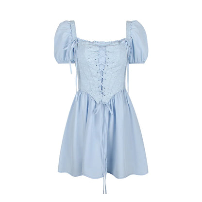 Summer Detachable Puff Sleeve Corset Dress Mini Elegant Blue Square Neck Dress Casual Women Holiday Party Dress