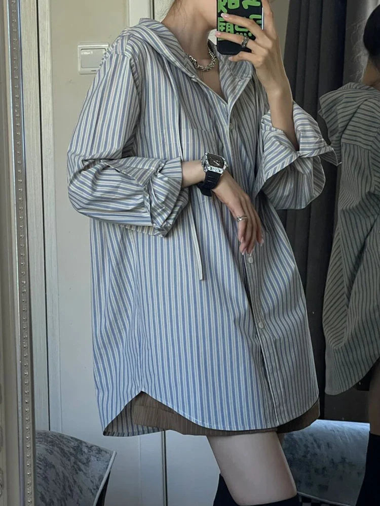 maoxiangshop Autumn Striped Shirts Women Oversized Long Sleeve Top Female Korean Casual Hooded Shirt Ladies Harajuku Single Breasted Blouse