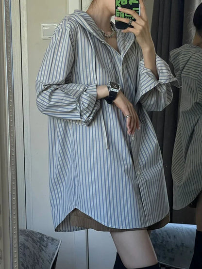 maoxiangshop Autumn Striped Shirts Women Oversized Long Sleeve Top Female Korean Casual Hooded Shirt Ladies Harajuku Single Breasted Blouse