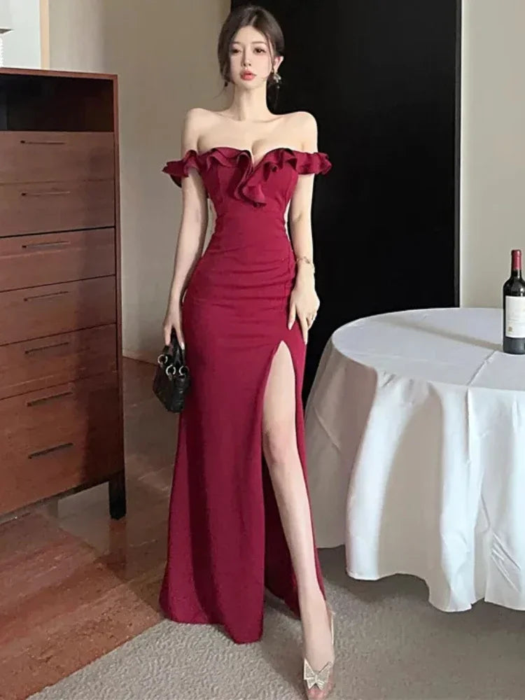 maoxiangshop DRESS TO IMPRESS France Vintage Elegant Evening Party Dress Women Y2k Ruffled One Shoulder Strapless Midi Dress Famale Solid Korean Chic Clothes