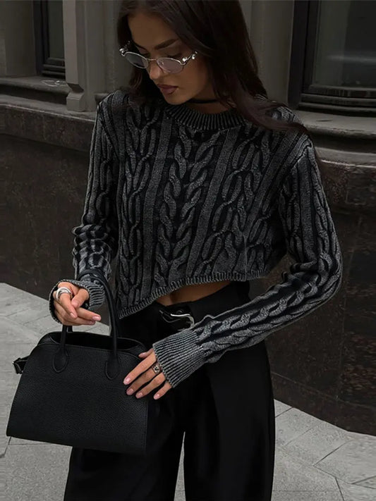 maoxiangshop  -  Fashion Cable Solid Irregular Hem Cropped Knitted Pullovers Women O-neck Long Sleeved Sweaters 2024 Autumn Female Warm Jumpers