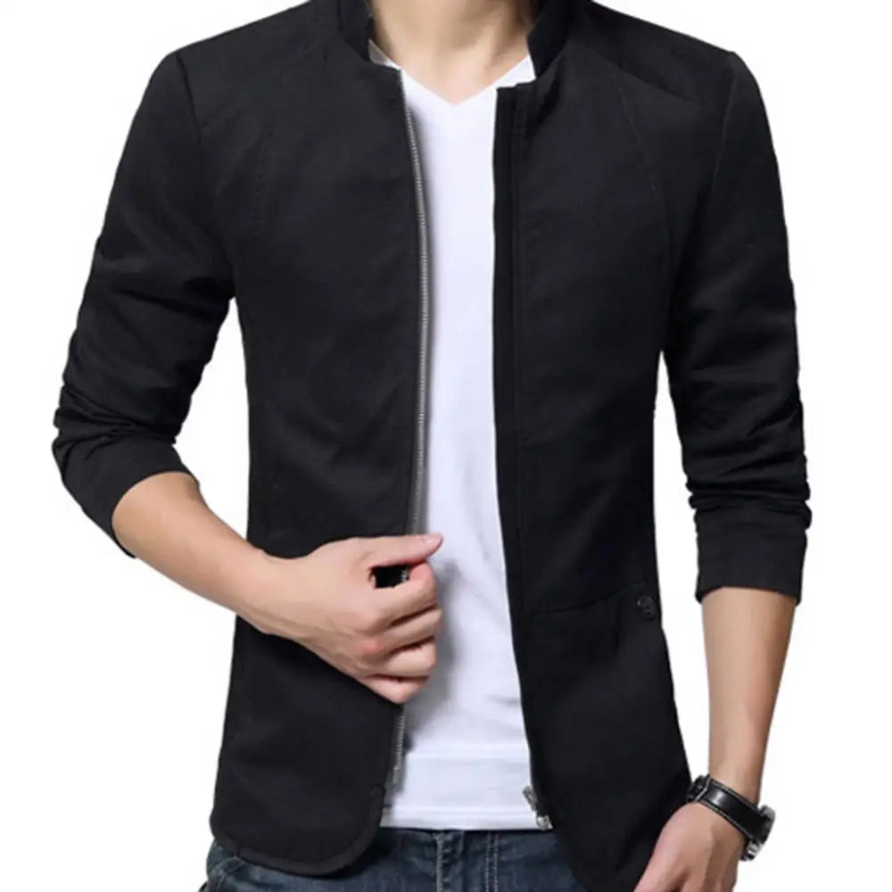 maoxiangshop Casual Men Blazer Spring Autumn Stylish Business Casual Jacket Solid Color Stand Collar Zipper Pockets Thin Slim Blazer Coat