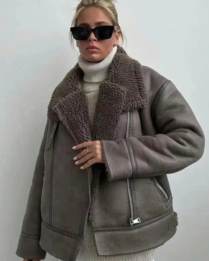 maoxiangshop  -  Winter Warm Faux Fur Jacket Women Long Sleeve Loose Lapel Jackets Coat Coat Female Faux Leather Jacket Casual Outwear